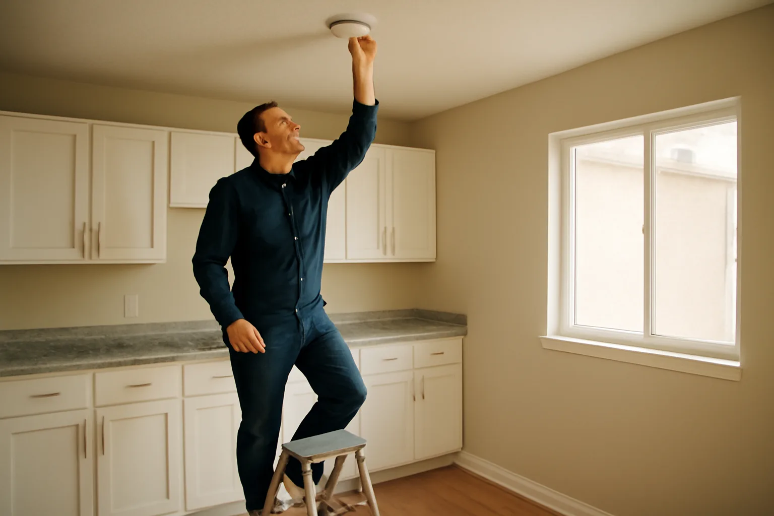 Landlord checking a smoke detector during a rental unit inspection