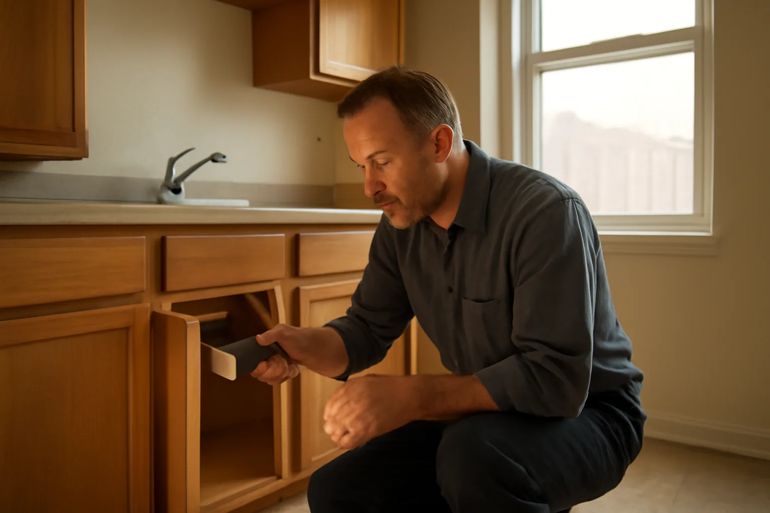 Landlord checking under a kitchen sink during a rental property inspection, not a car rental license check