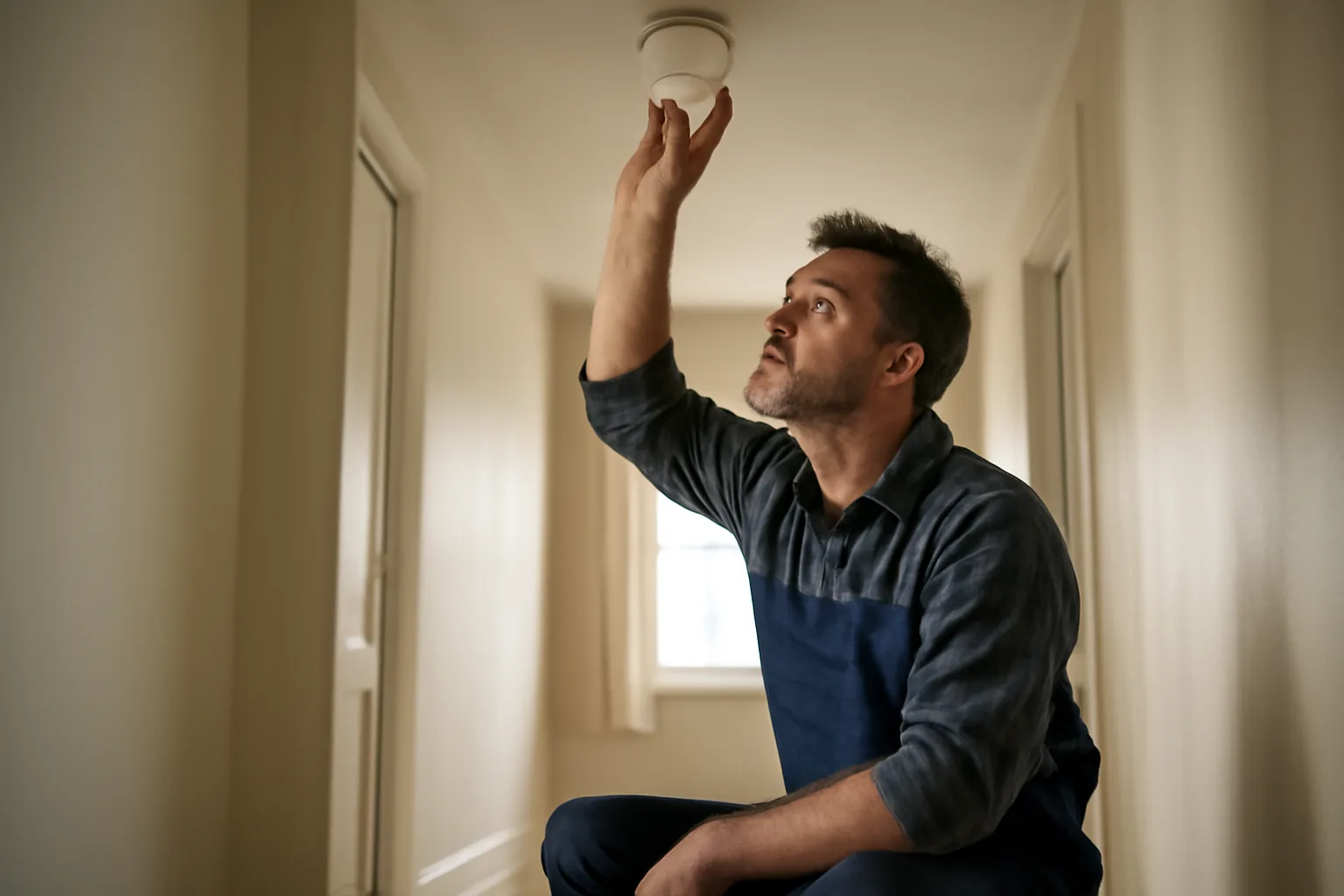 Landlord inspecting a smoke detector during a rental property inspection walk-through