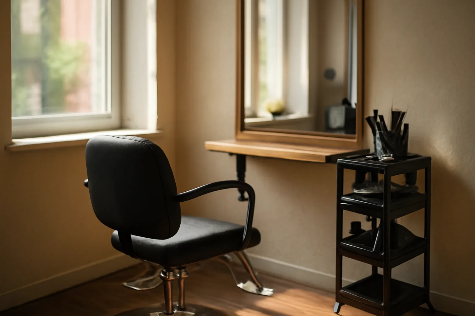 Independent stylist's rented booth inside a salon during daytime