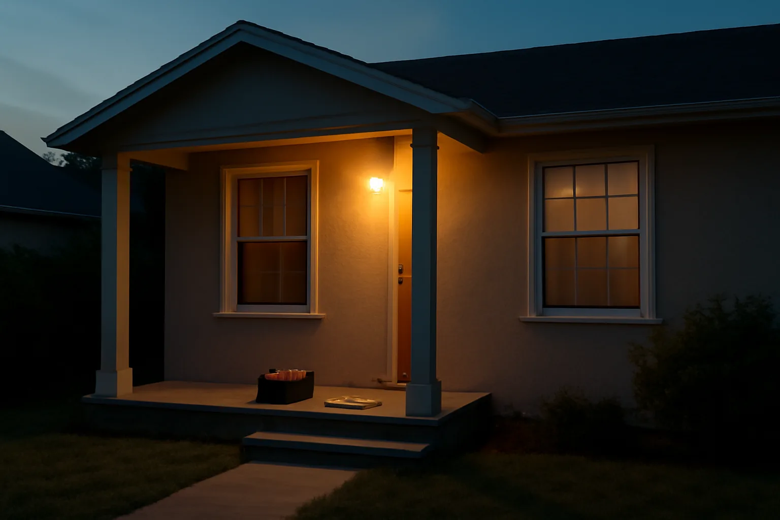 Single-family rental house exterior at dusk with a toolbox on the front steps