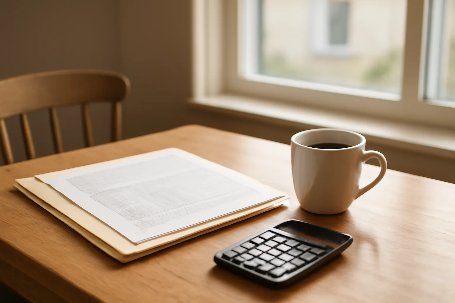Landlord reviewing financial documents at a kitchen table during tenant screening