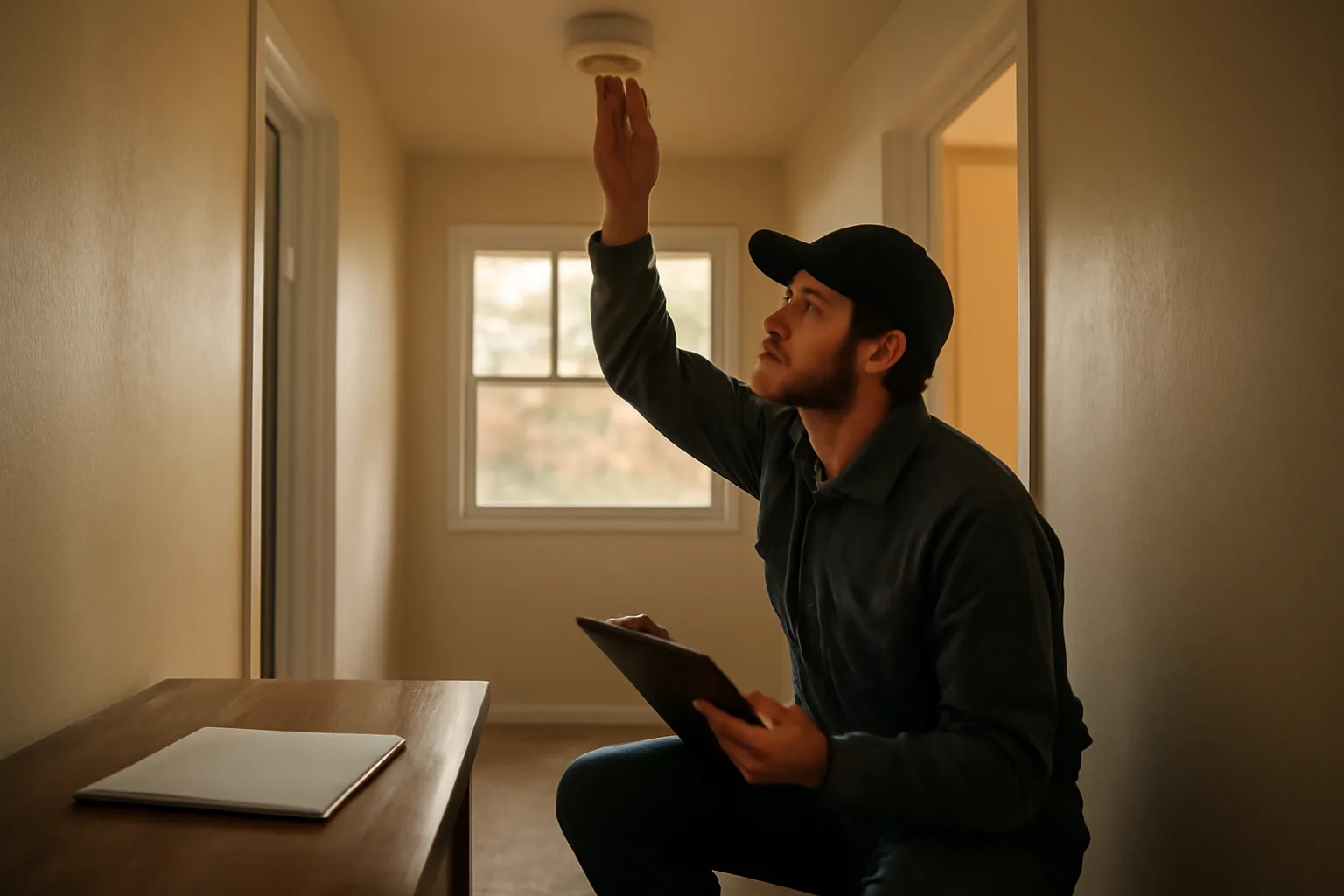 Landlord inspecting a smoke detector during a rental unit walk-through inspection