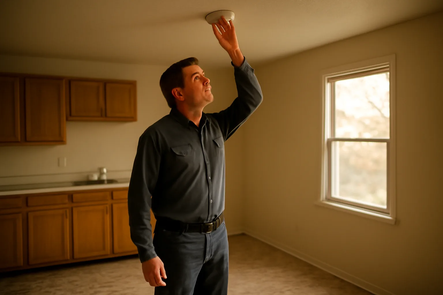 Landlord inspecting a smoke detector during a rental property walk-through inspection