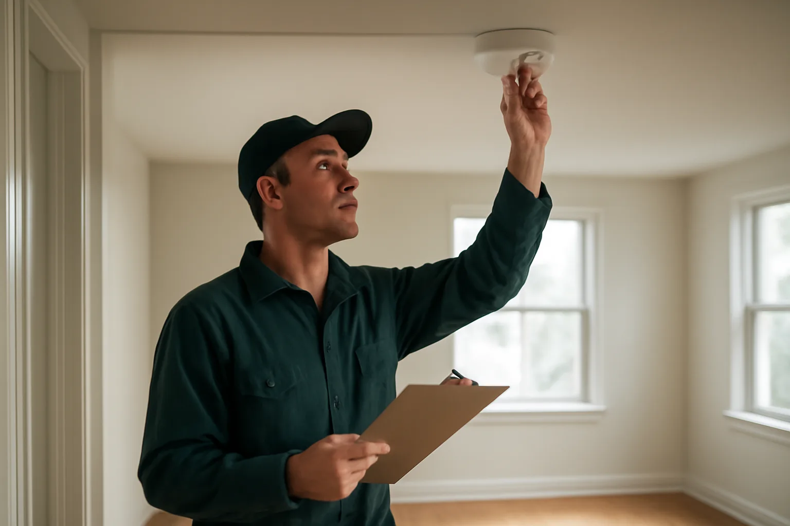 Landlord inspecting a smoke detector in an empty rental unit during a walk-through