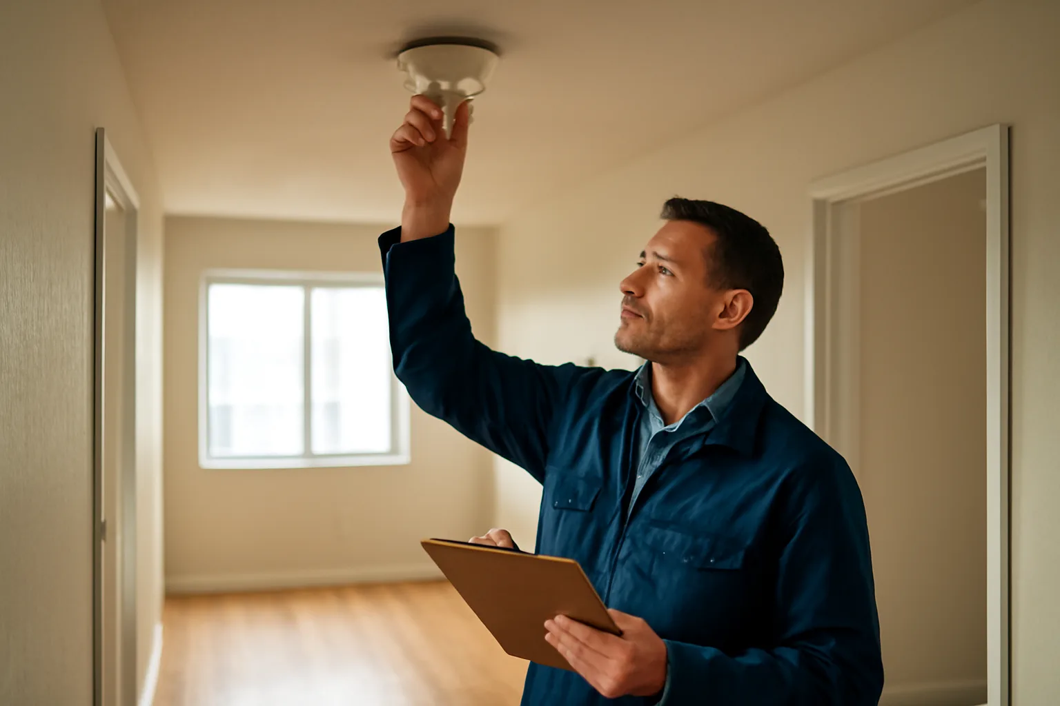 Landlord inspecting a smoke detector during a rental unit walk-through inspection