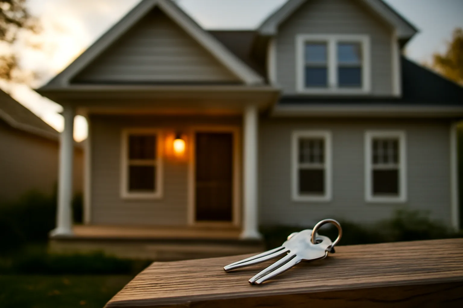 Keys resting on a porch railing outside a small rental duplex at dusk