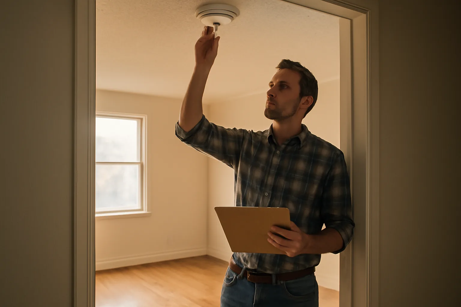 Landlord checking a smoke detector during a rental unit inspection walk-through
