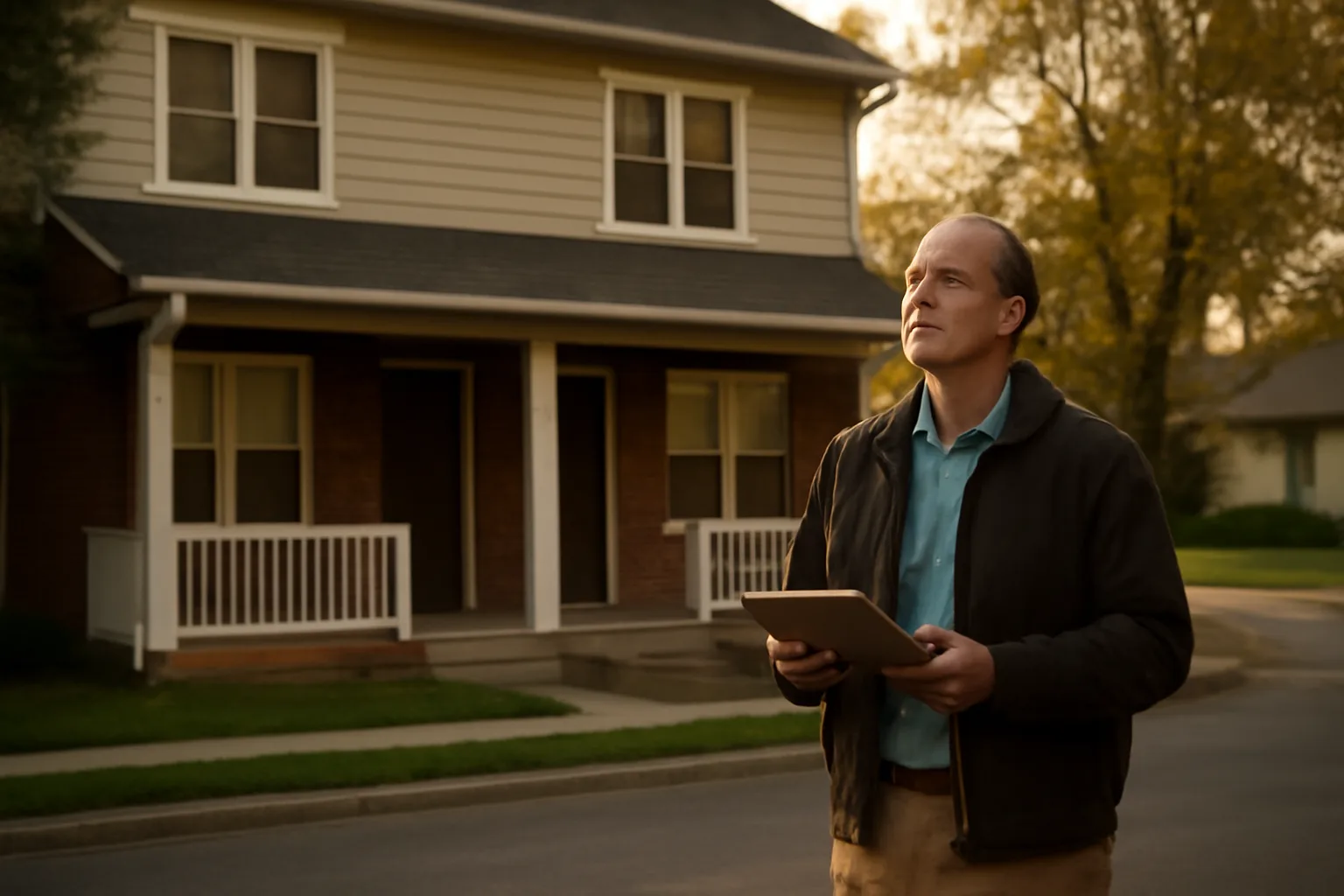 Landlord reviewing property details on a porch outside a small rental duplex