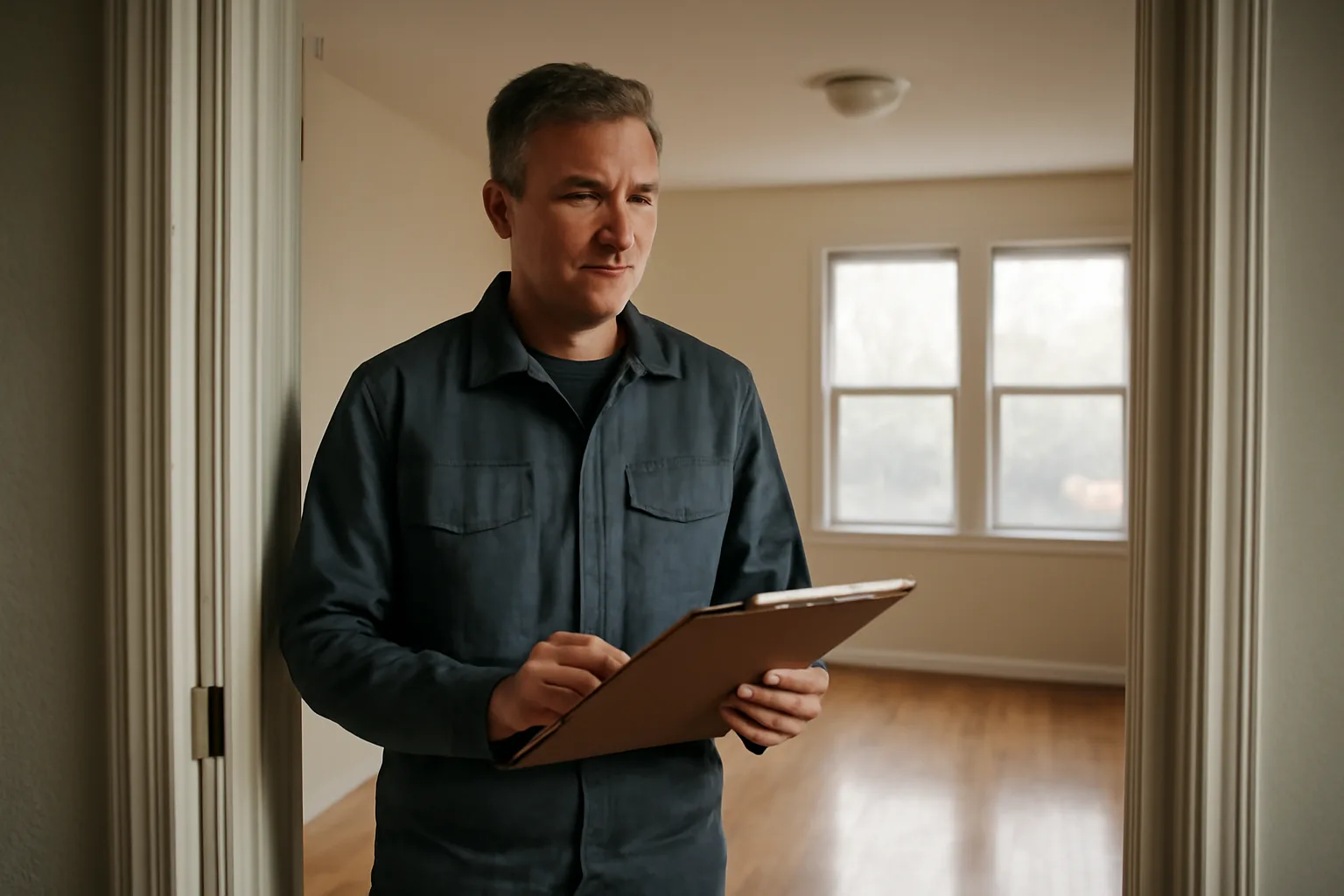 Landlord reviewing an empty rental unit before a city licensing inspection