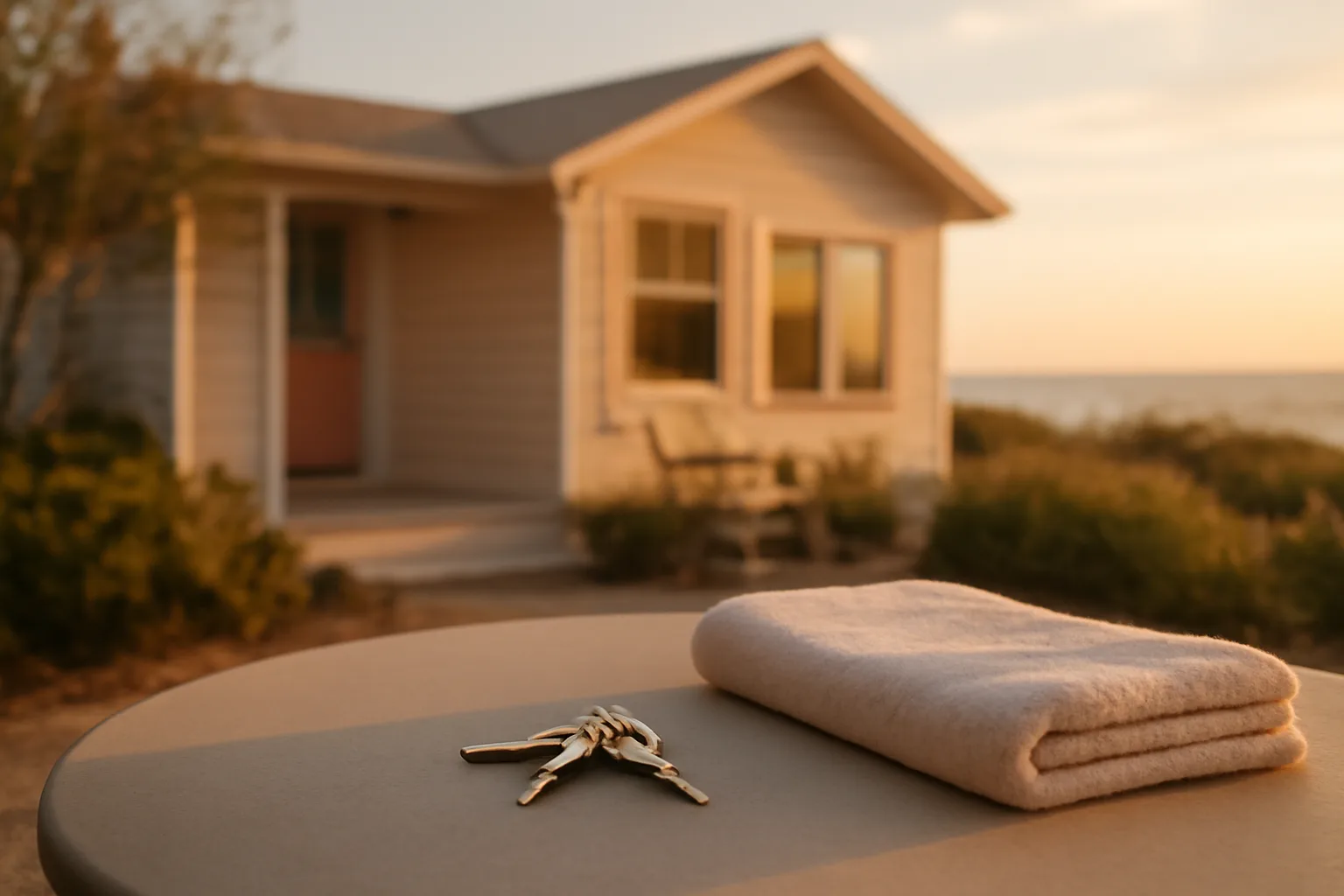 Vacation rental home exterior with keys on patio table at golden hour