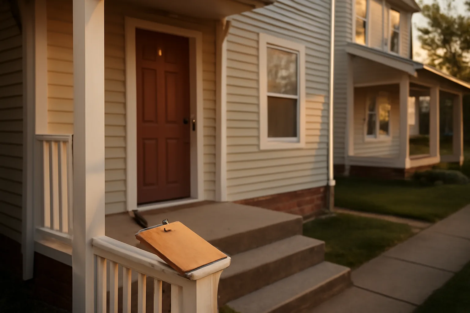 Duplex rental property porch at sunset representing rental license requirements