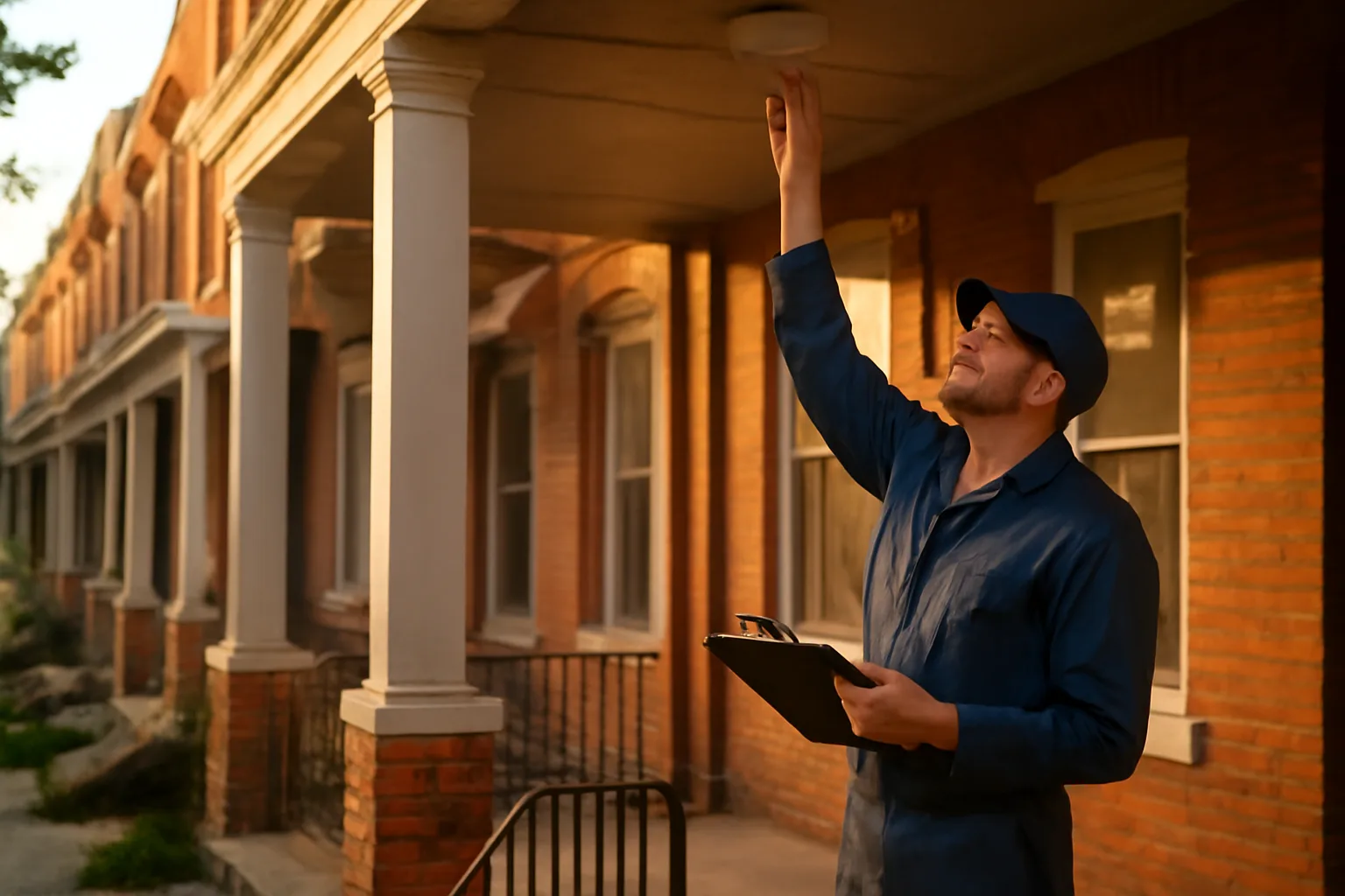 Landlord inspecting a smoke detector on a Philadelphia rowhouse porch at dusk