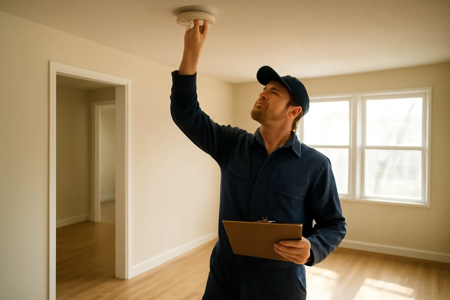 Landlord inspecting a smoke detector during a rental unit walk-through