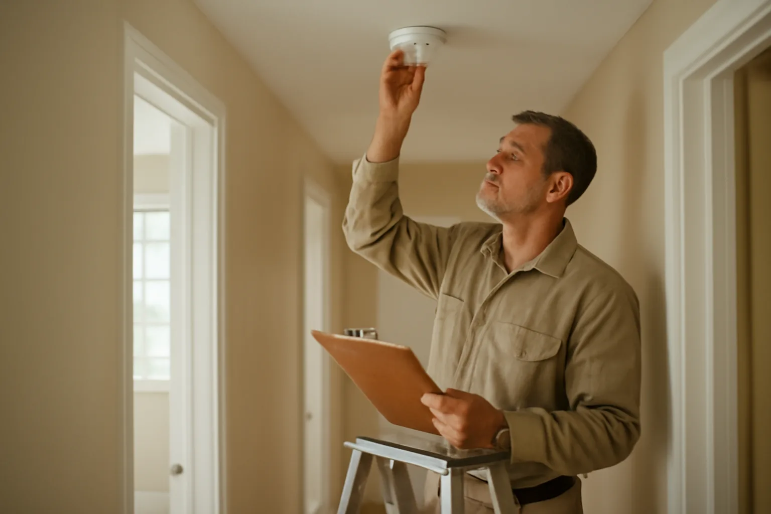 Landlord standing on a stepladder checking a smoke detector during a rental unit inspection