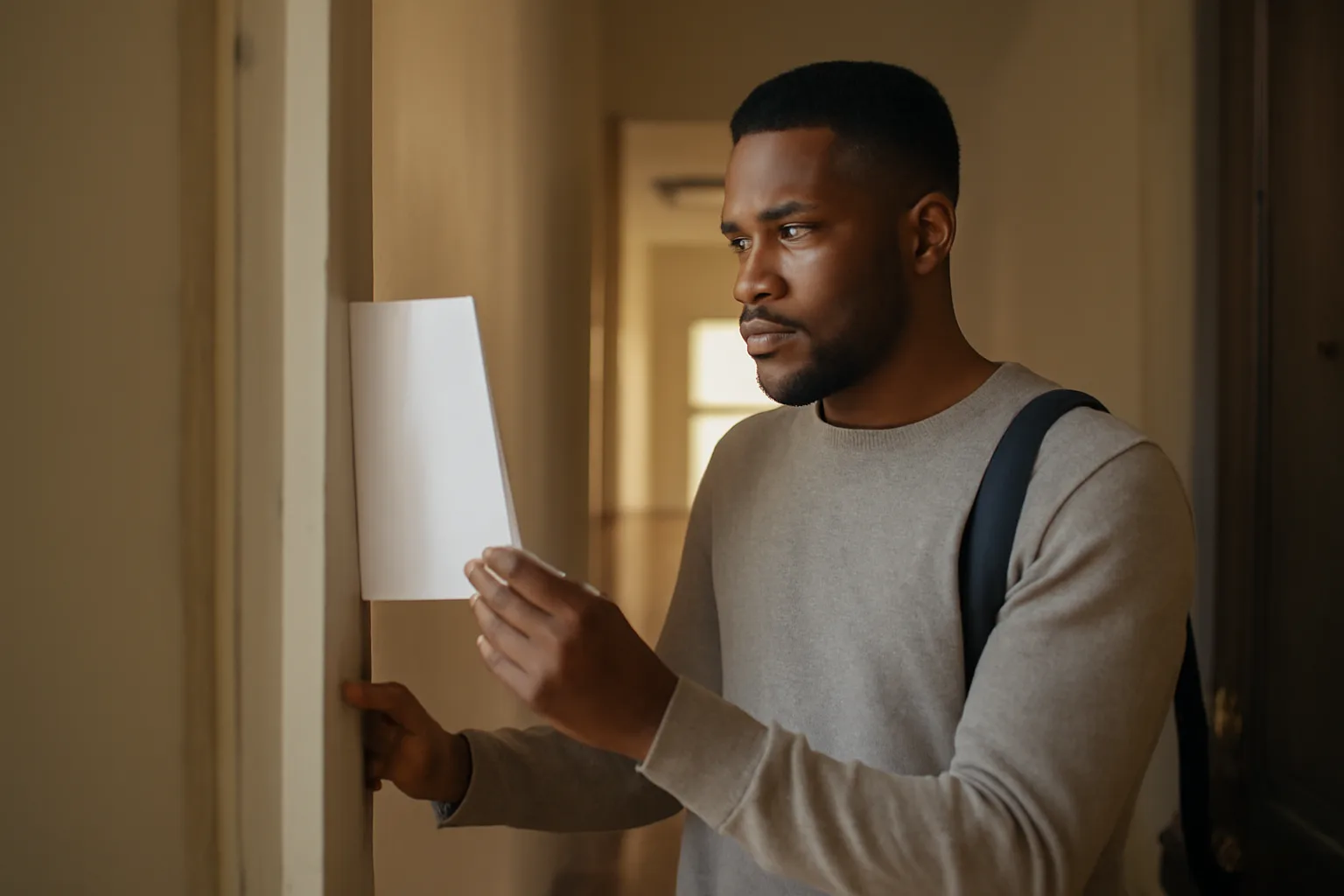 Tenant reading a notice on an apartment door, checking landlord rental license status