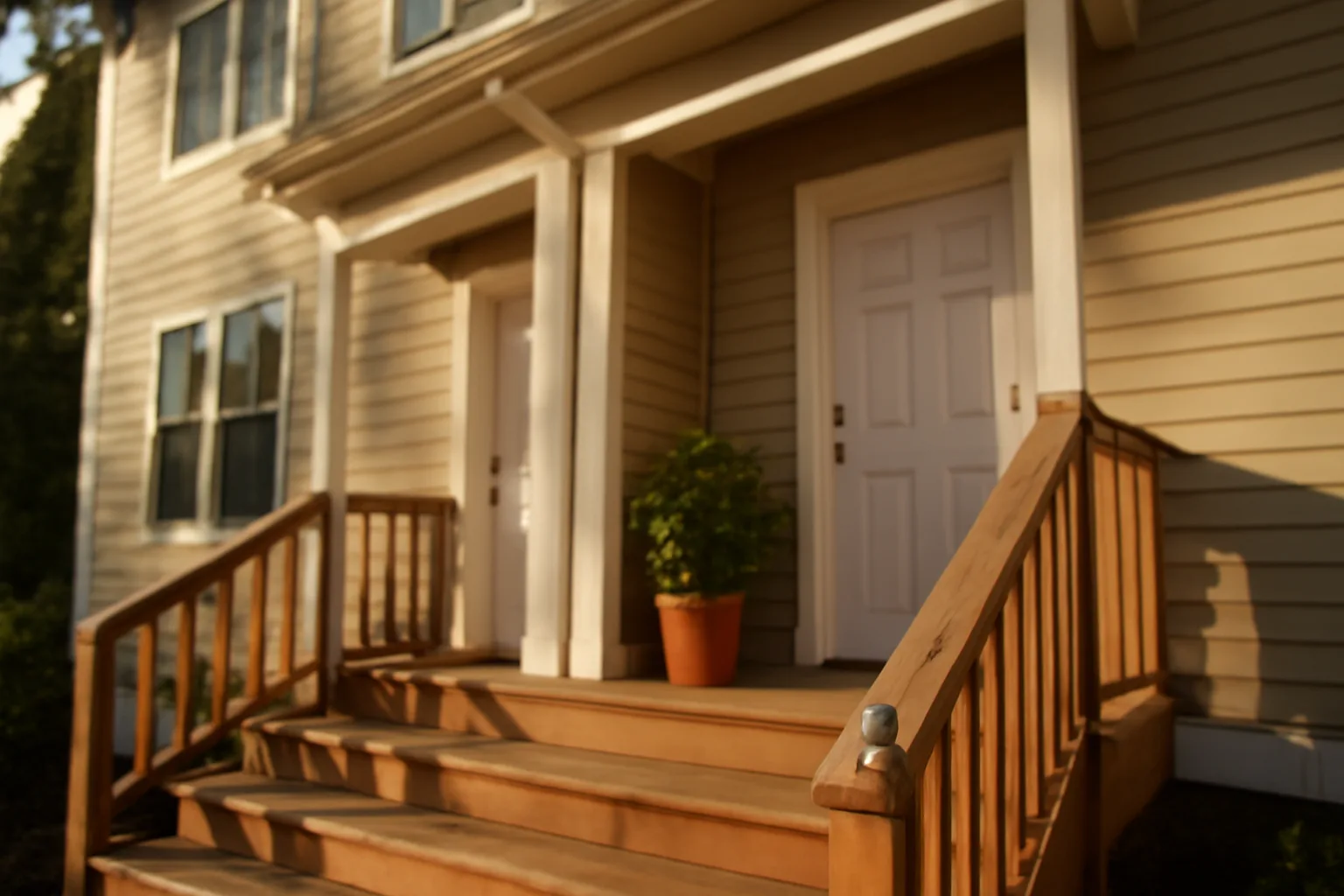 Duplex rental property exterior with keys on the porch railing in afternoon light