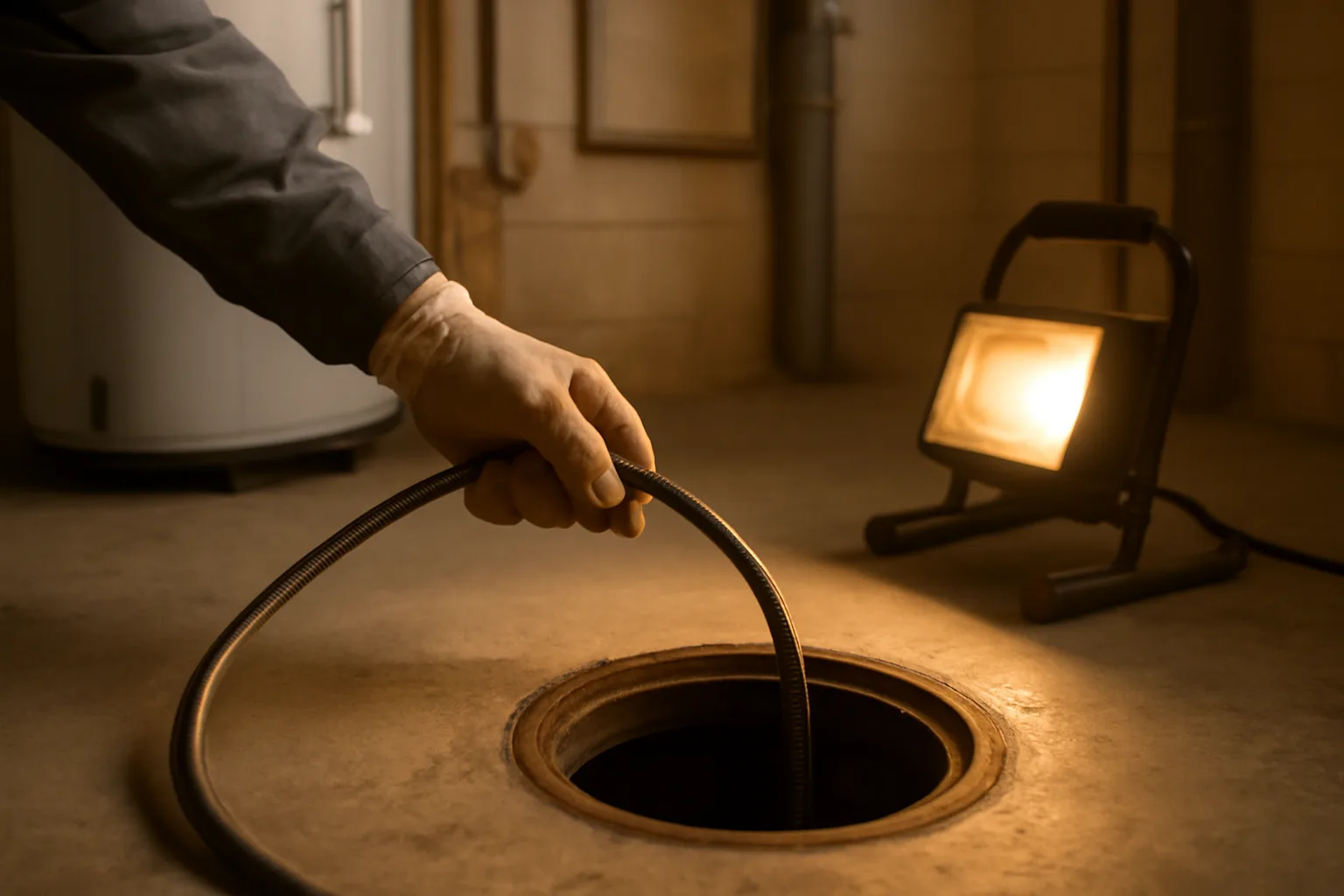 Landlord feeding a drain pipe inspection camera cable into a basement floor drain
