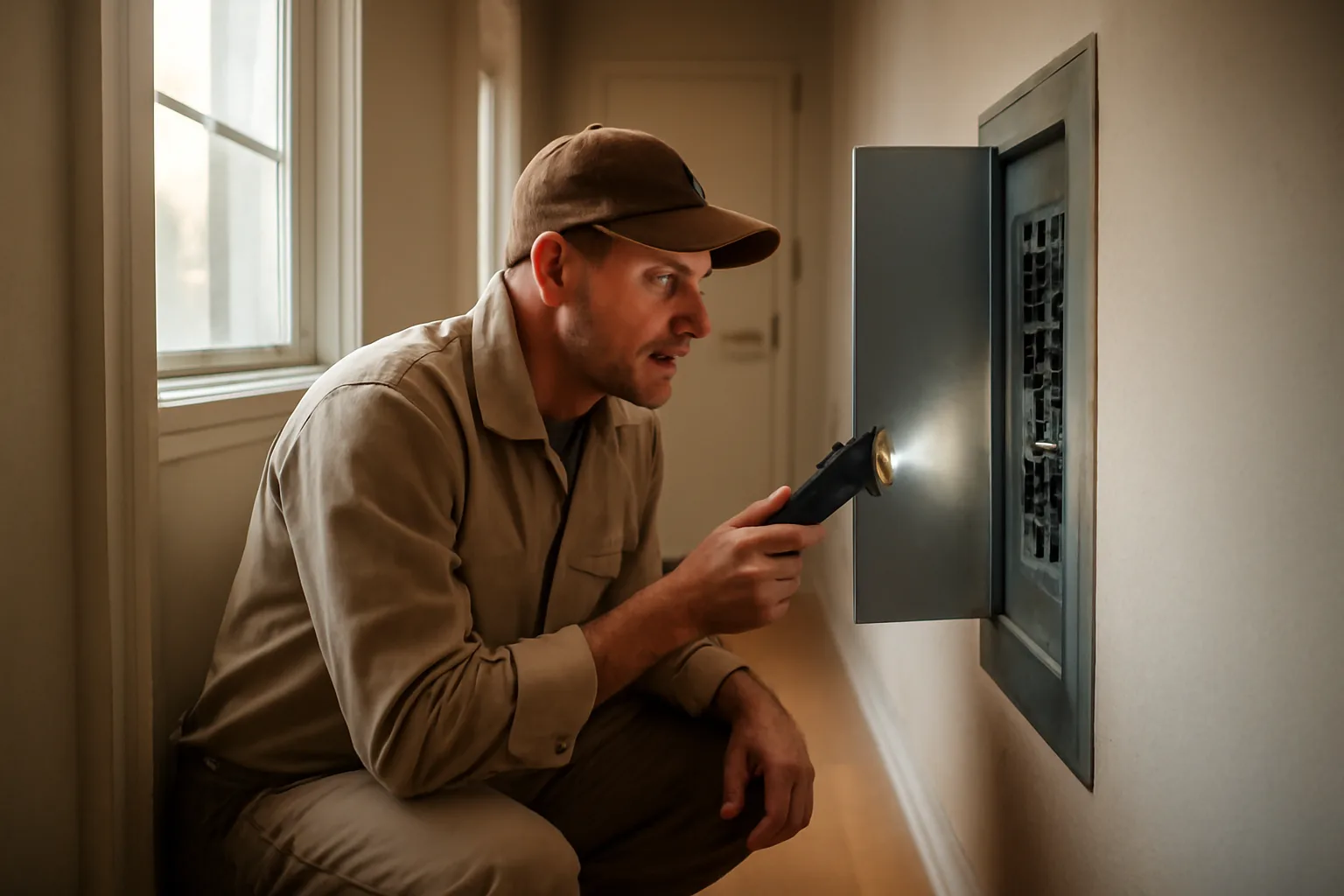 Landlord using a home inspection checklist to check an electrical panel in a rental unit