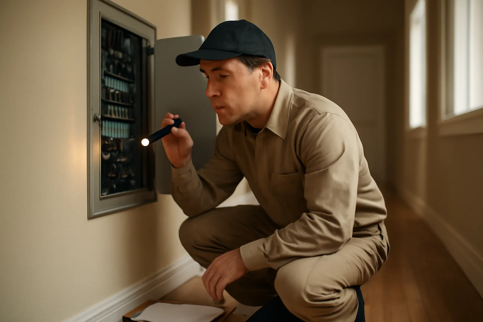 Landlord inspecting an electrical panel during a house inspection walkthrough
