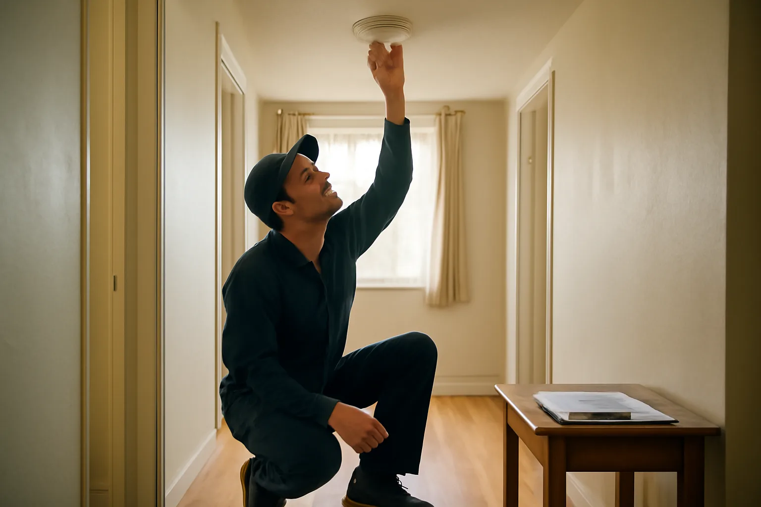Inspector checking a smoke detector during a rental inspection in an apartment hallway
