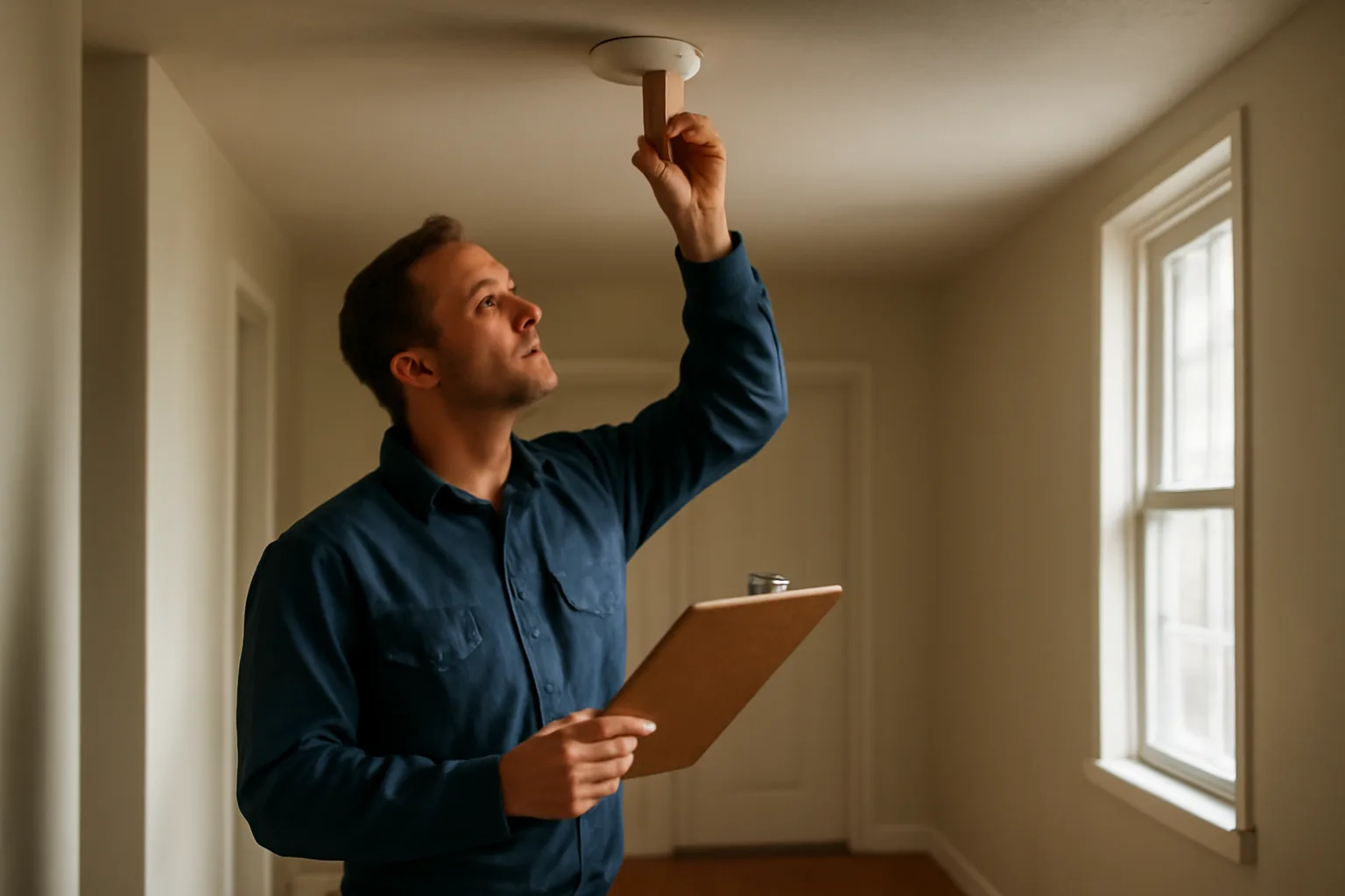 Landlord inspecting a smoke detector in an empty rental unit hallway