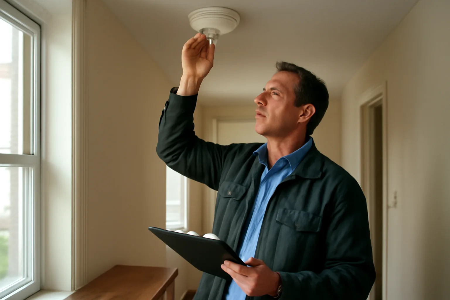 Landlord testing a smoke detector during a rental inspection notice visit