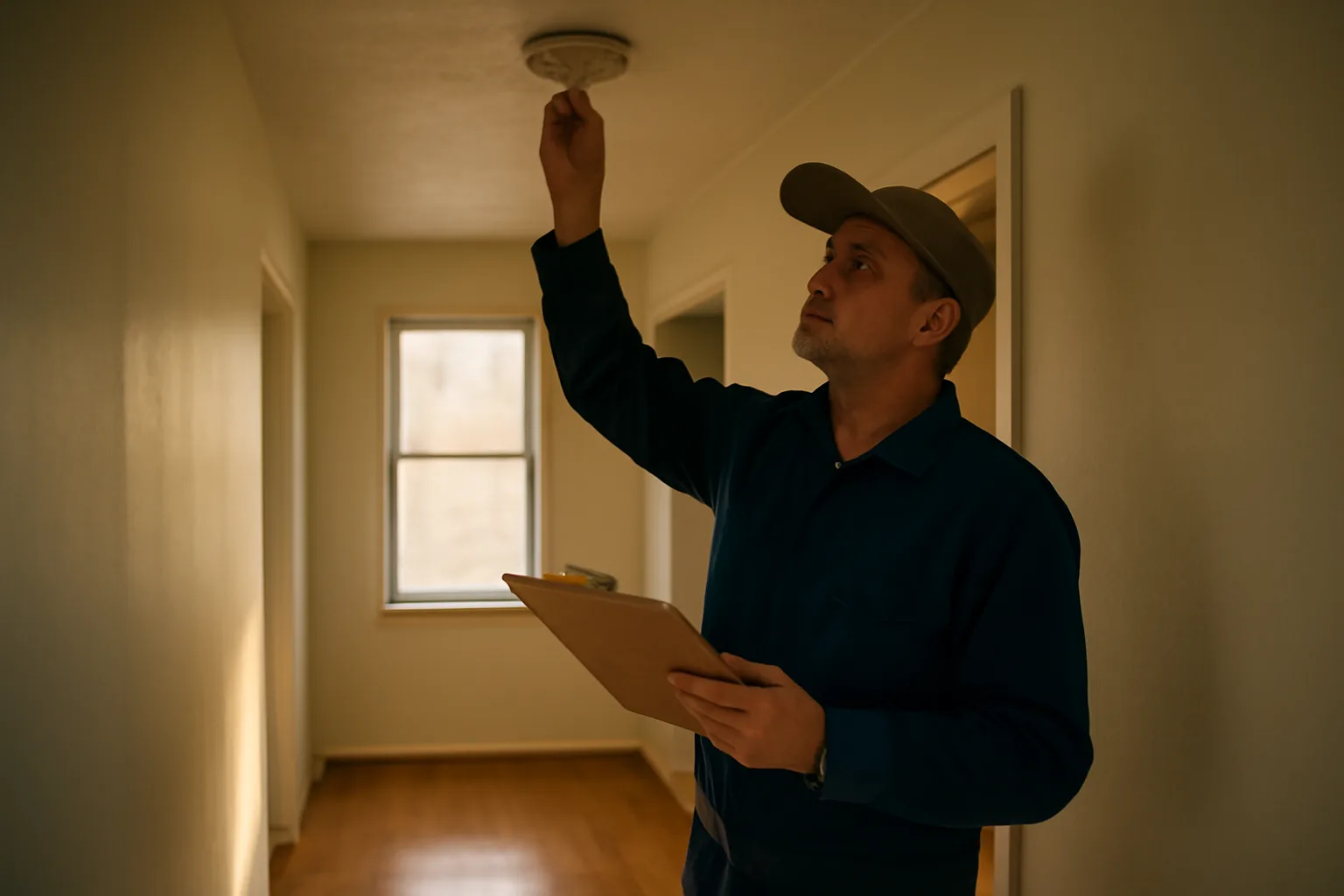 Landlord checking a smoke detector during a rental unit inspection walk-through