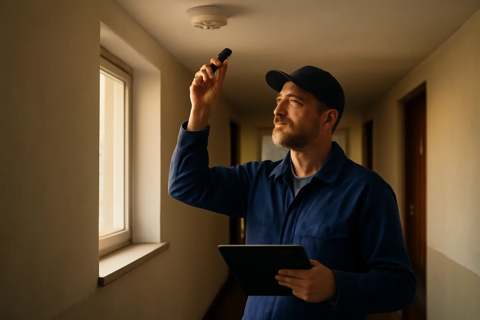 Landlord inspecting a smoke detector in an apartment hallway before a rental inspection