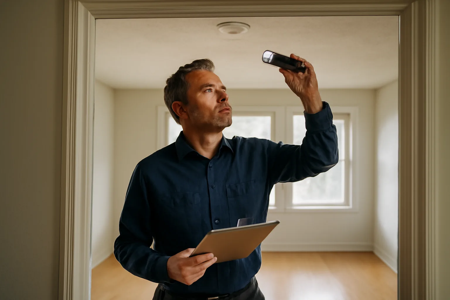 landlord checking a smoke detector during a rental inspection walkthrough