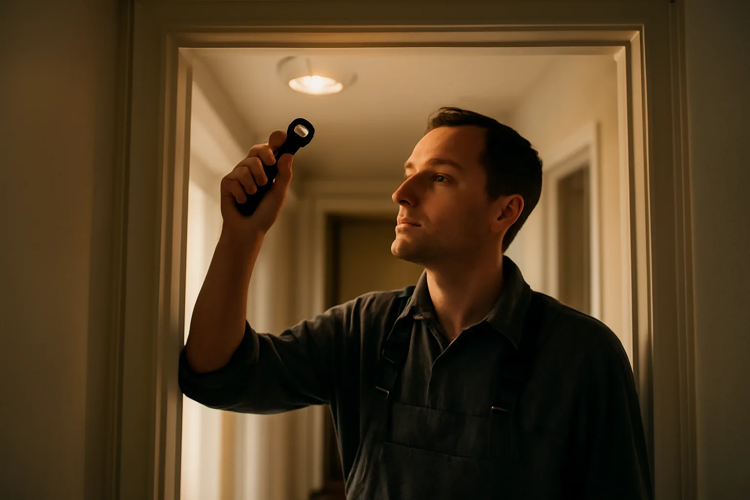 Landlord checking a smoke detector during a rental inspection notice period
