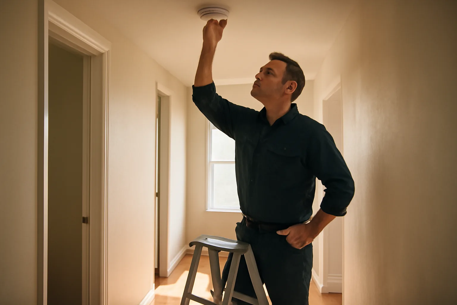Landlord checking a smoke detector during a rental unit inspection walkthrough