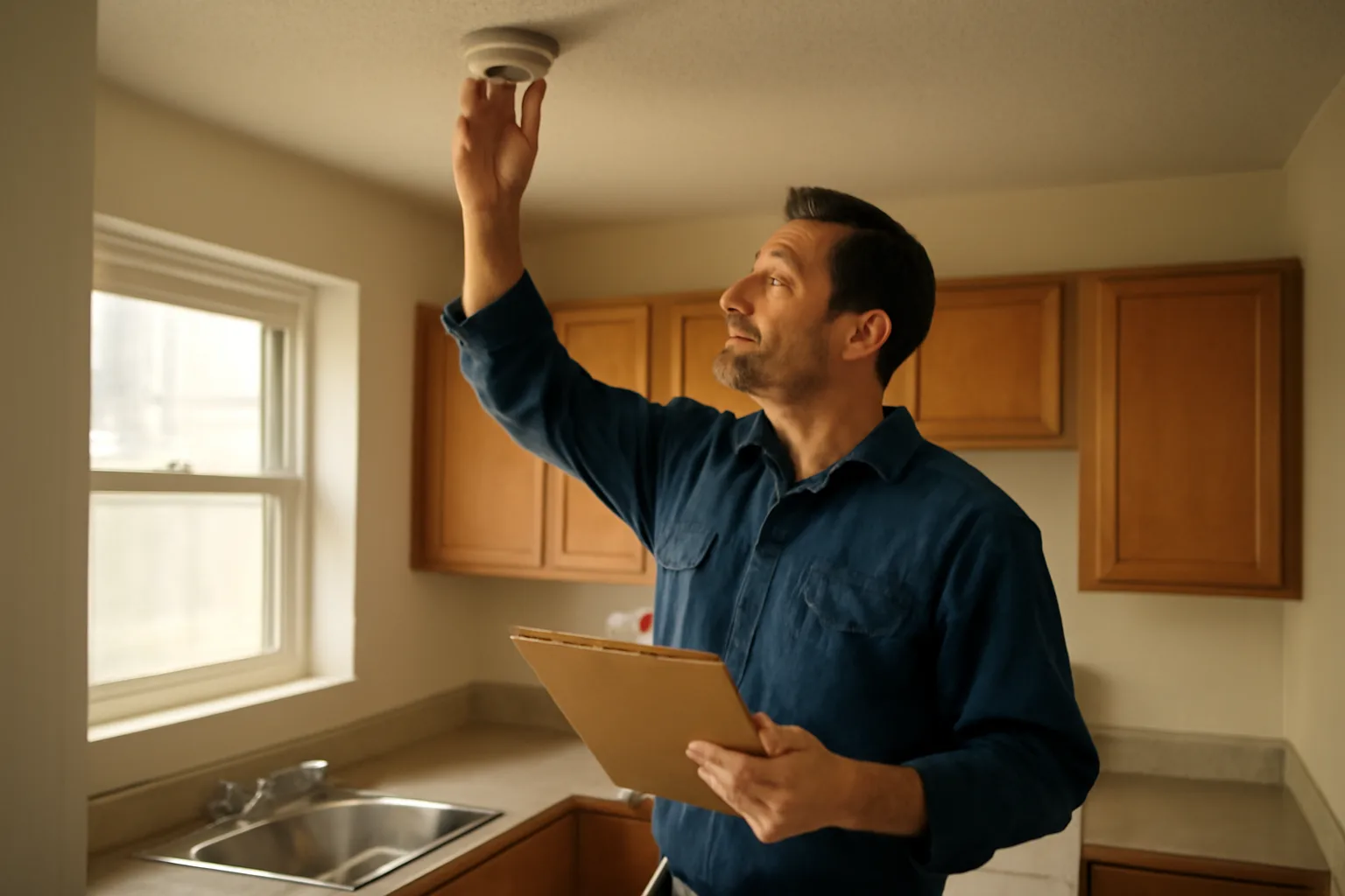 Landlord checking a smoke detector during a rental inspection in a sunlit kitchen