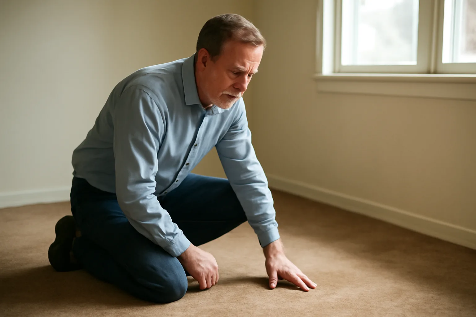 Landlord inspecting worn carpet texture in an empty sunlit rental unit