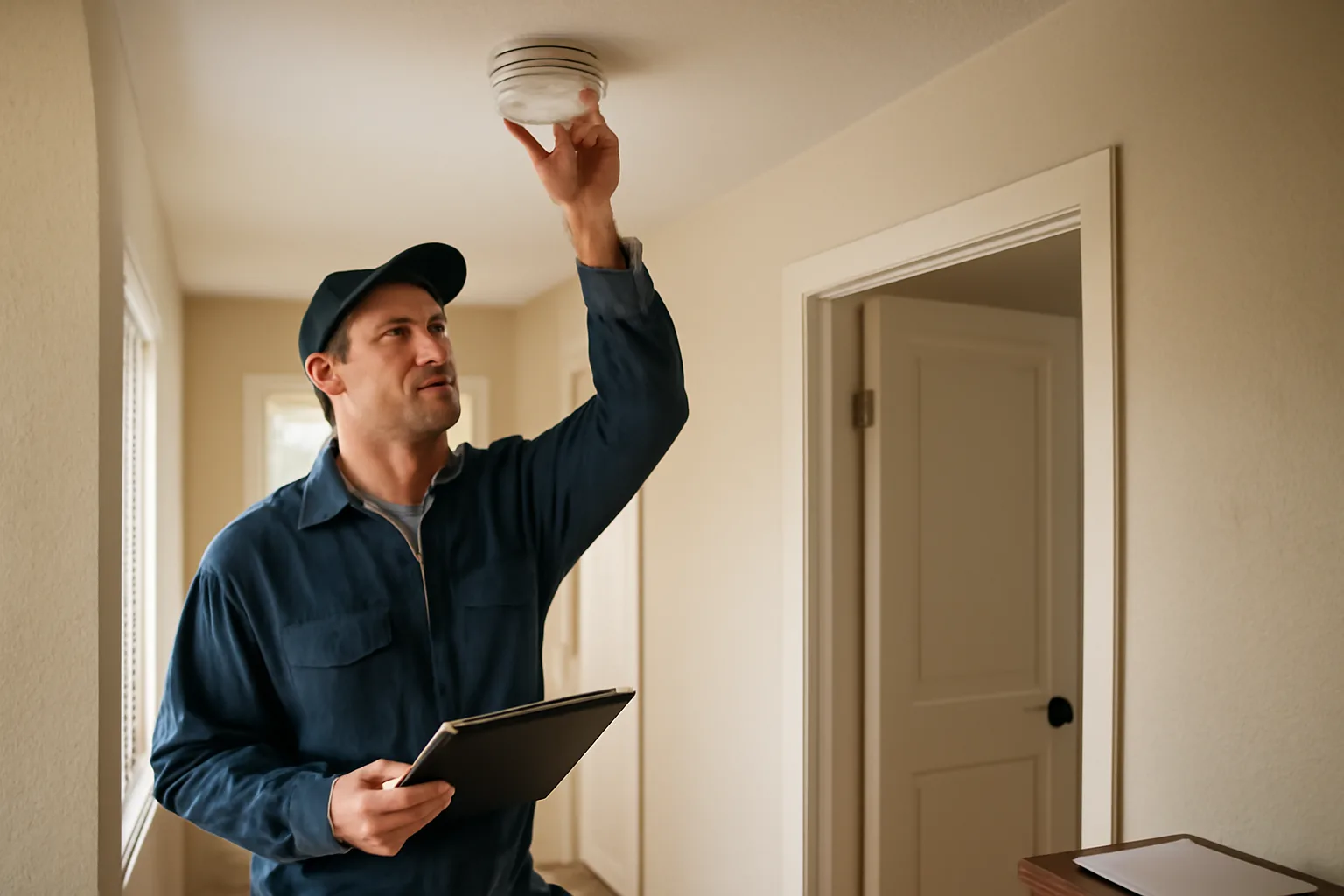 Landlord checking a smoke detector during a rental property inspection walk-through