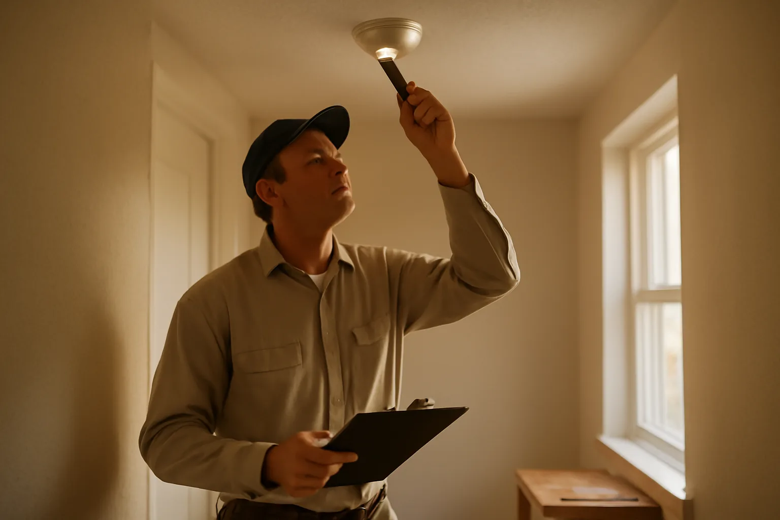 Landlord checking a smoke detector during a rental property inspection in an apartment hallway