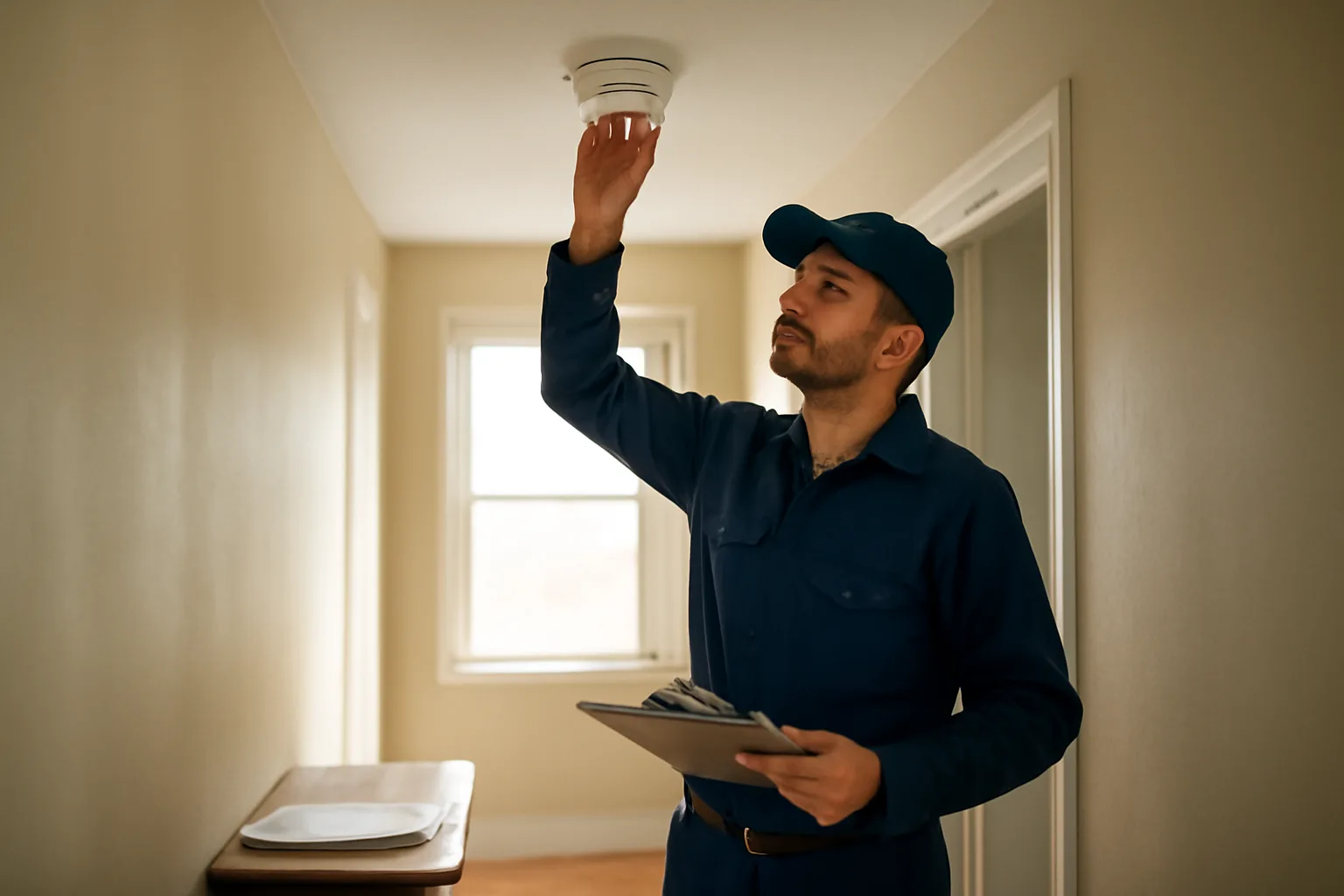 Inspector checking a smoke detector during a rental property inspection