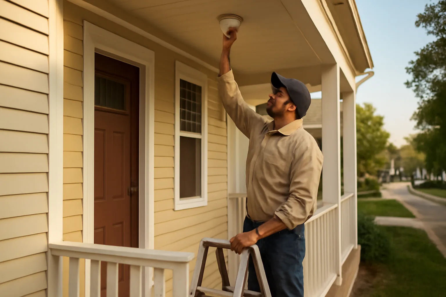Landlord checking a smoke detector during a rental inspection on a porch