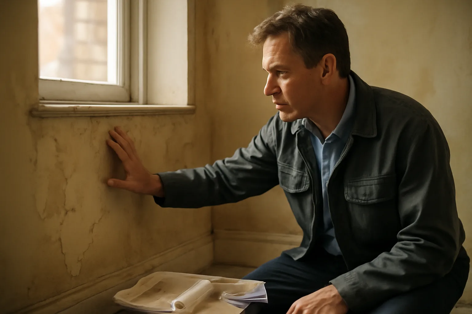 Landlord inspecting peeling wall paint in a rental apartment before repainting