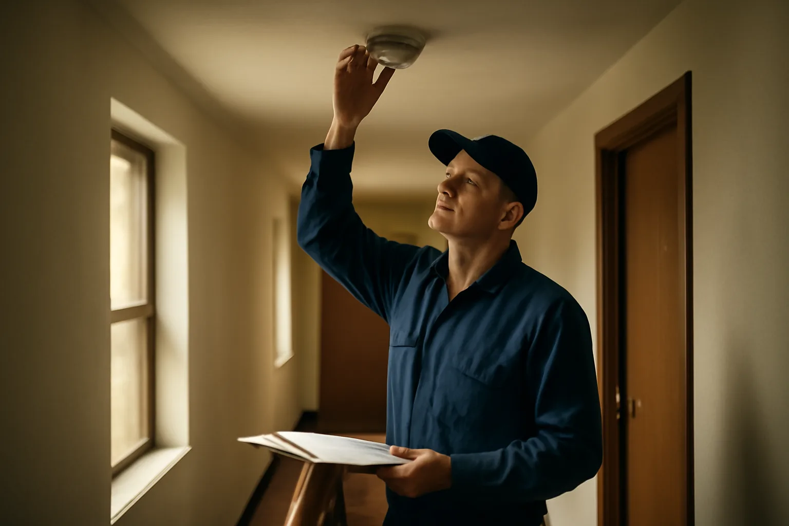 Inspector checking a smoke detector during a rental inspection in an apartment hallway