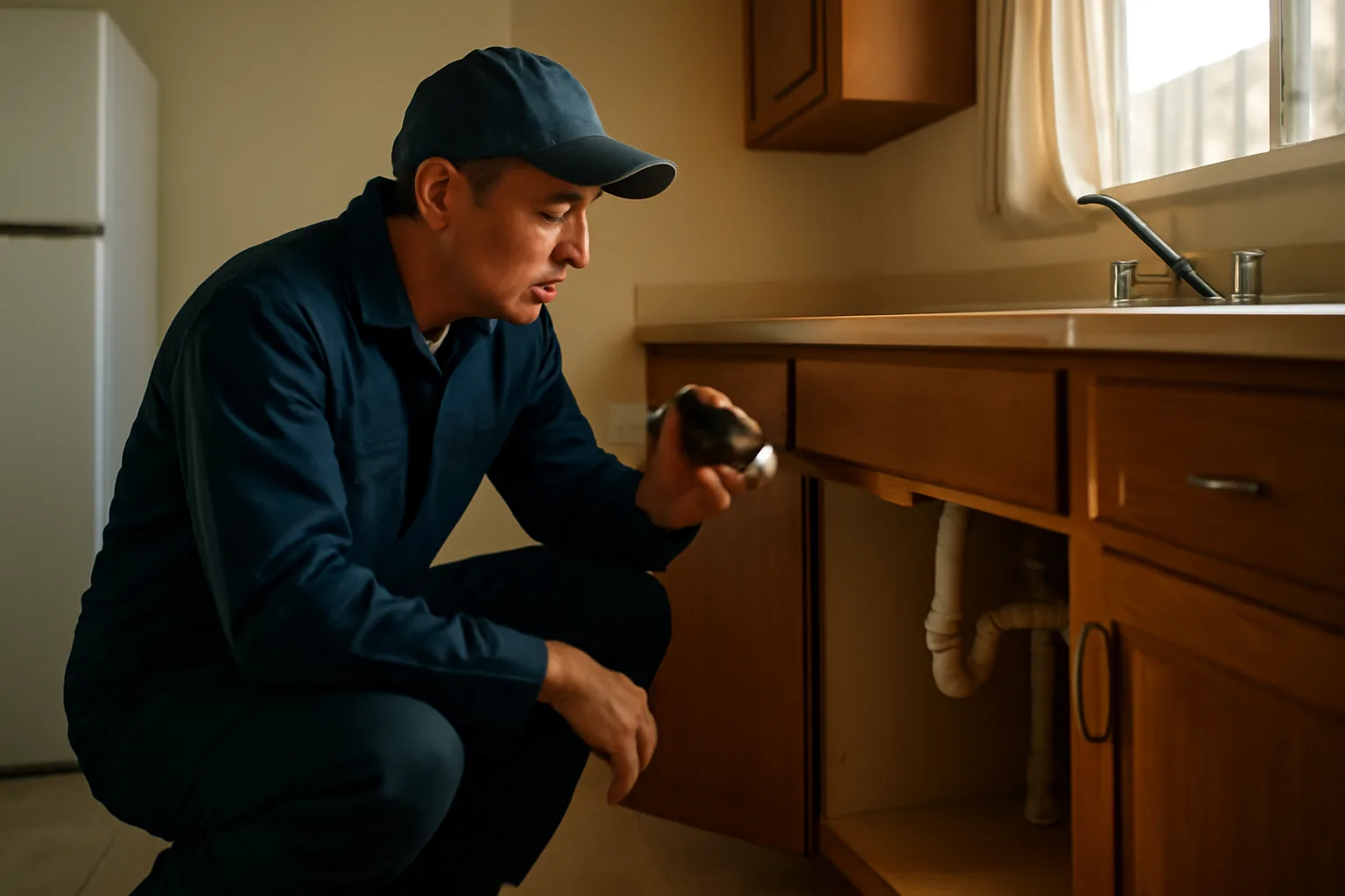 Landlord inspecting under-sink plumbing during a routine rental property inspection