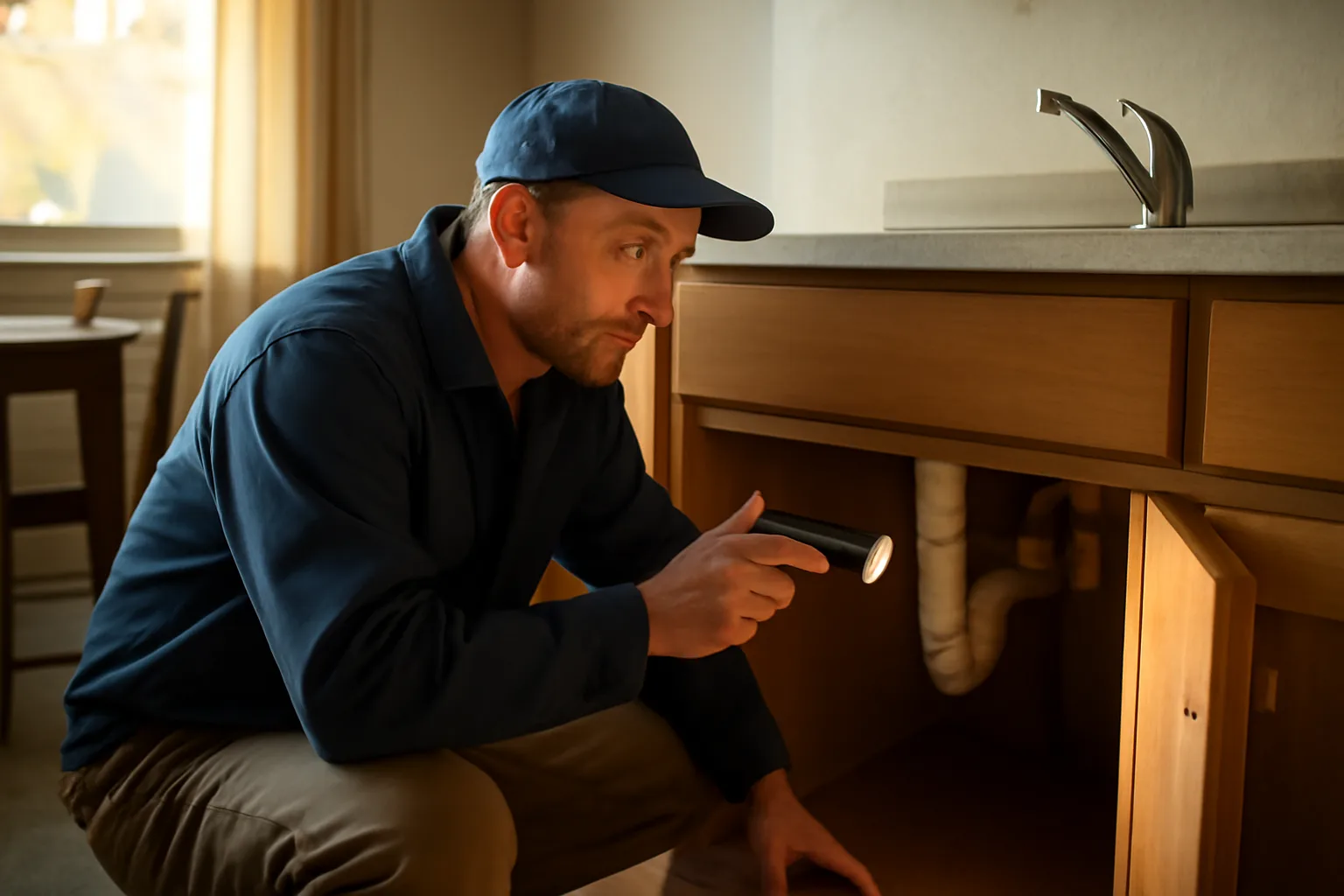 Landlord inspecting under a kitchen sink during a routine rental property inspection
