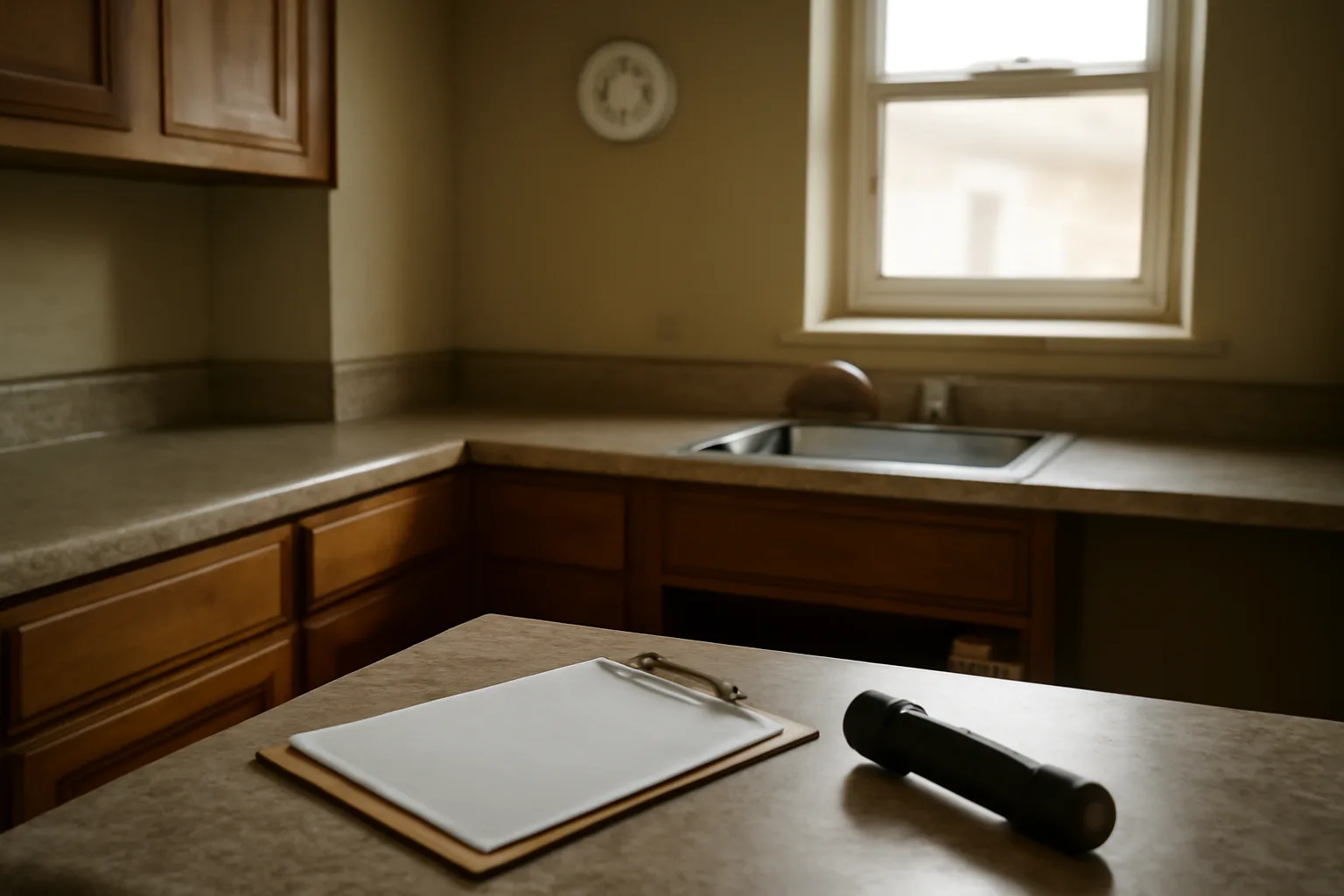 Inspector's flashlight and clipboard on a kitchen counter during a rental inspection