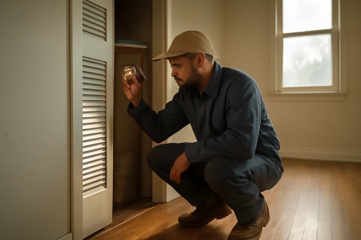 Landlord checking a smoke detector during a rental property inspection in an empty unit