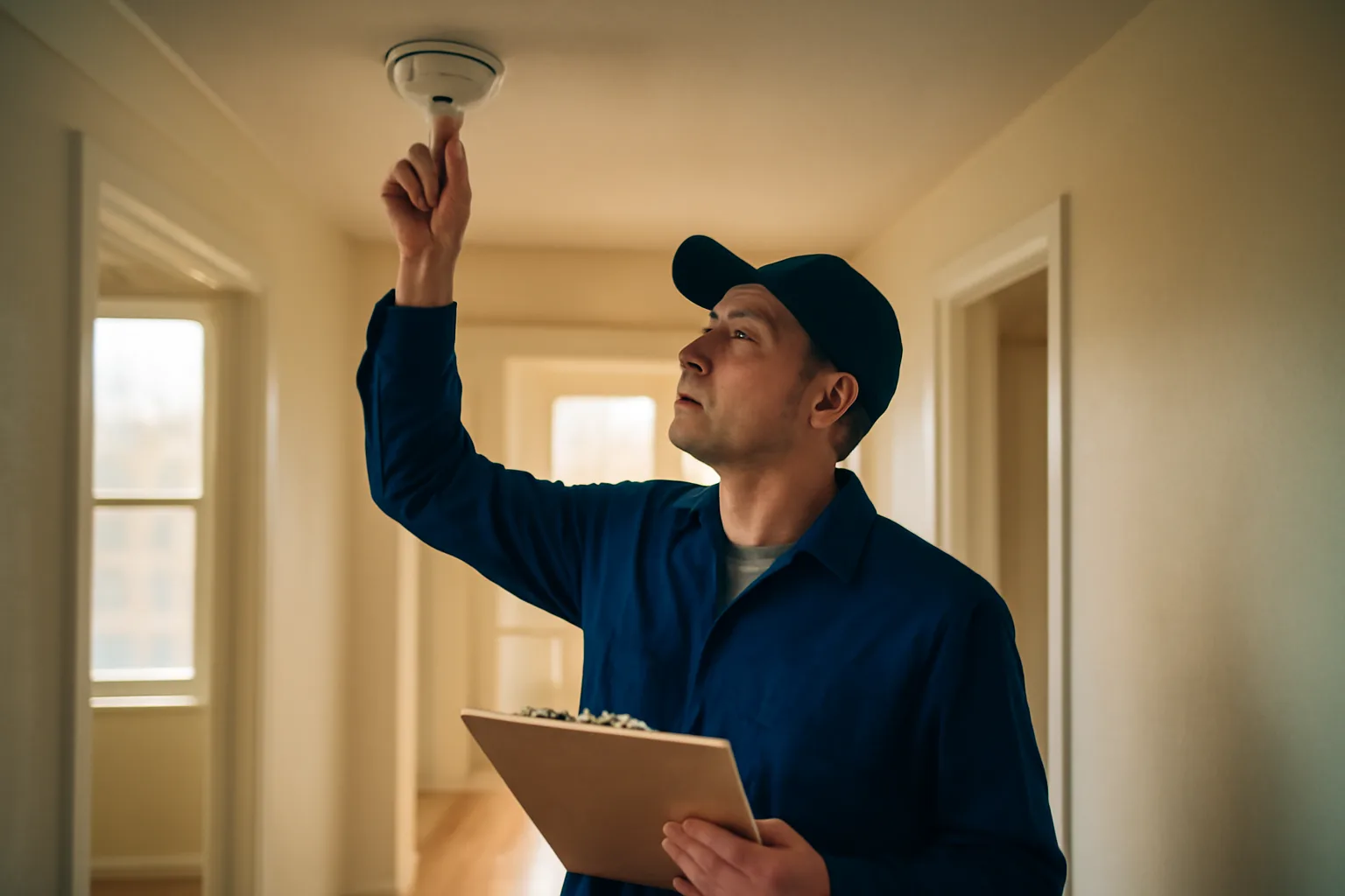 Landlord checking a smoke detector during a rental property inspection walkthrough