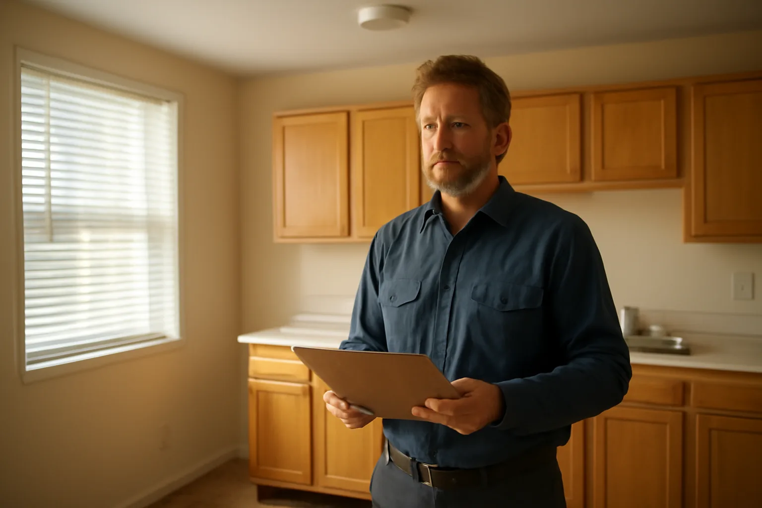 Landlord reviewing an empty rental unit kitchen during a licensing inspection walkthrough