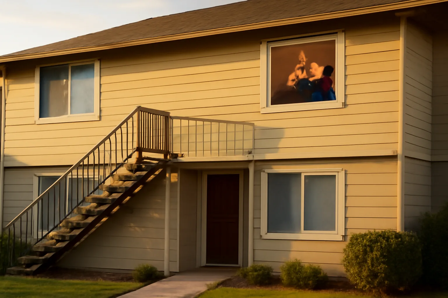 Landlord checking a smoke detector inside a small rental duplex at dusk