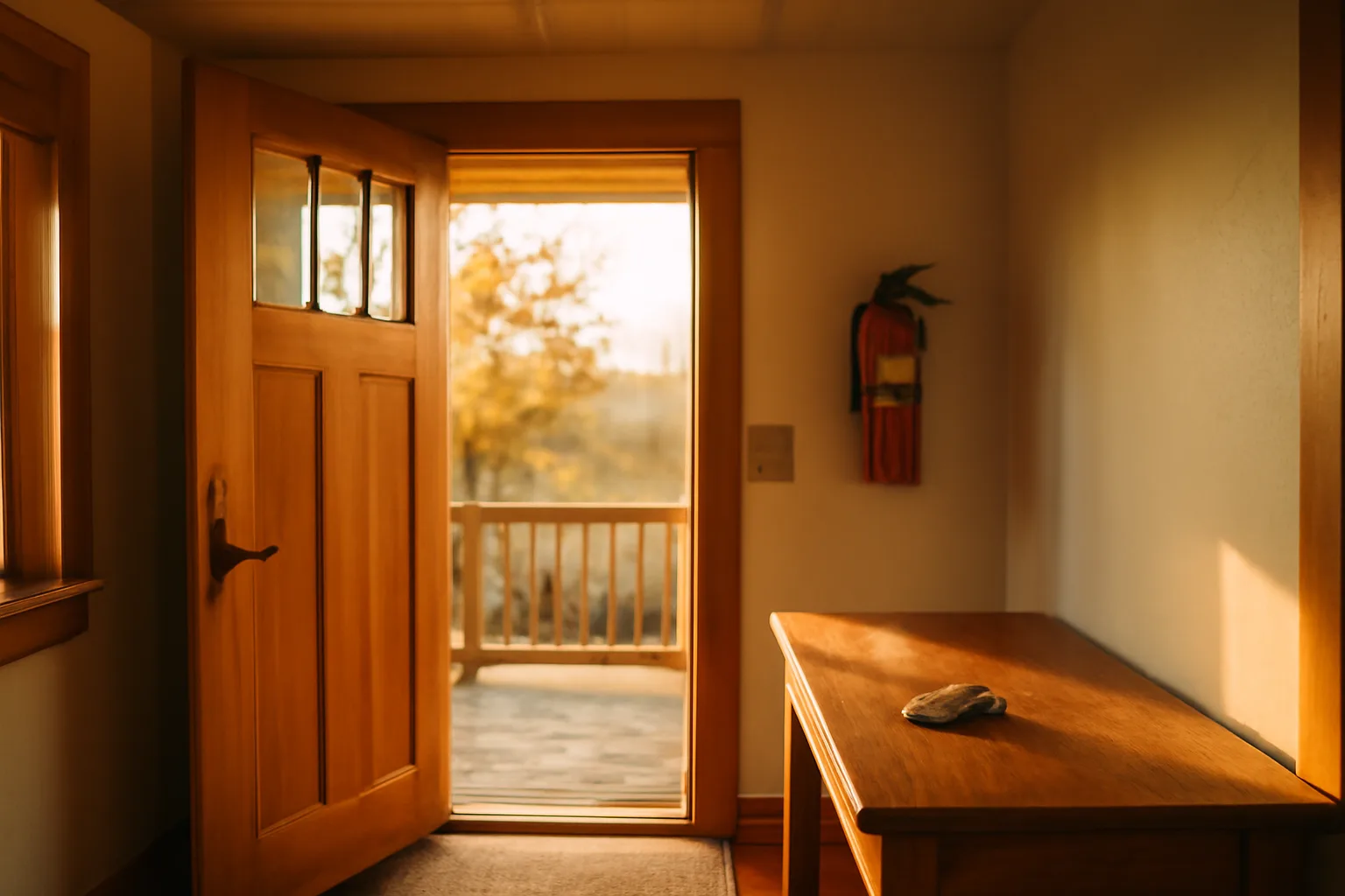 Cottage entryway with smoke detector and fire extinguisher, representing short-term rental license inspection items