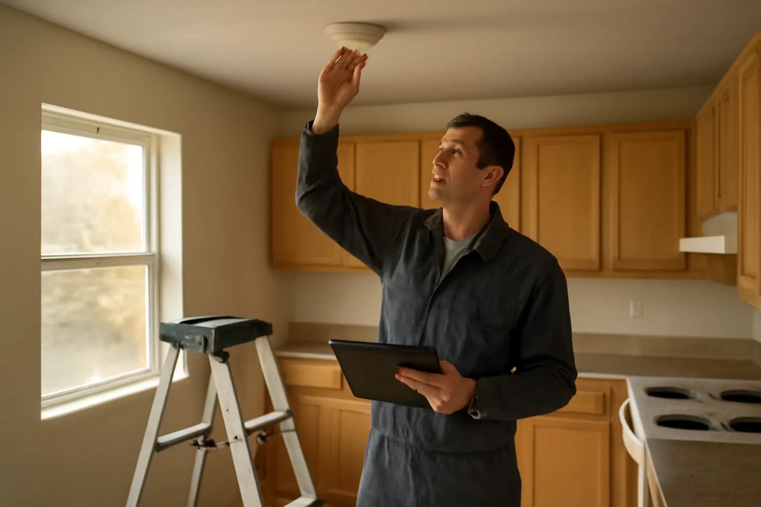 Landlord checking a smoke detector while preparing for a rental license inspection