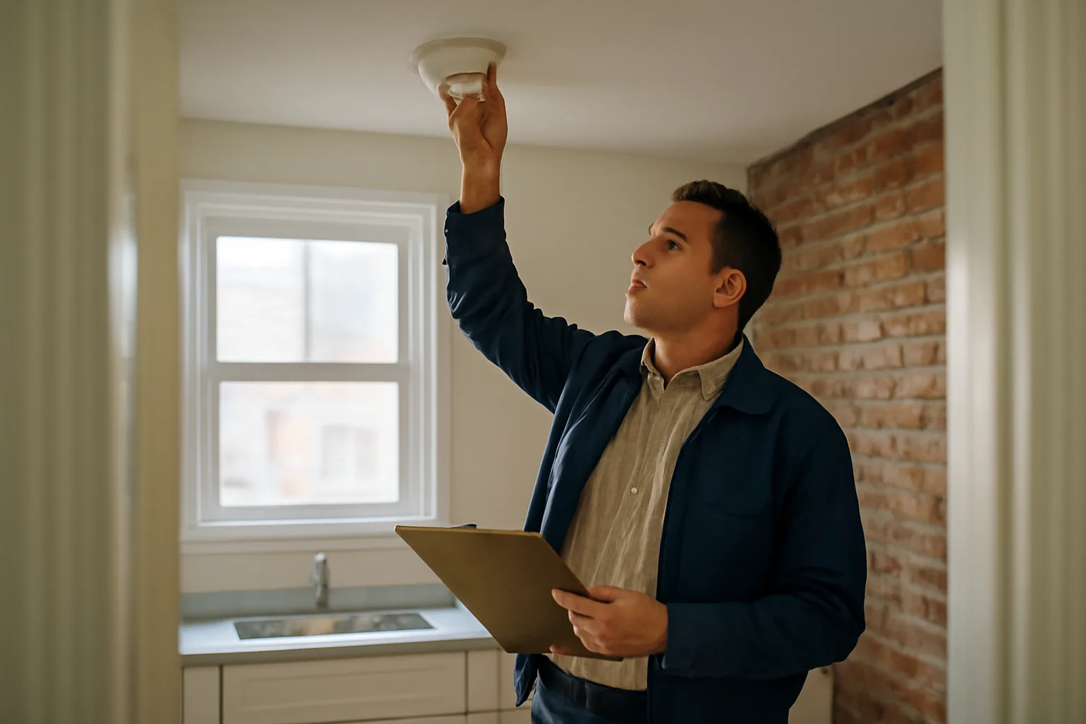 Landlord checking a smoke detector while preparing a Philadelphia rowhouse for rental license inspection